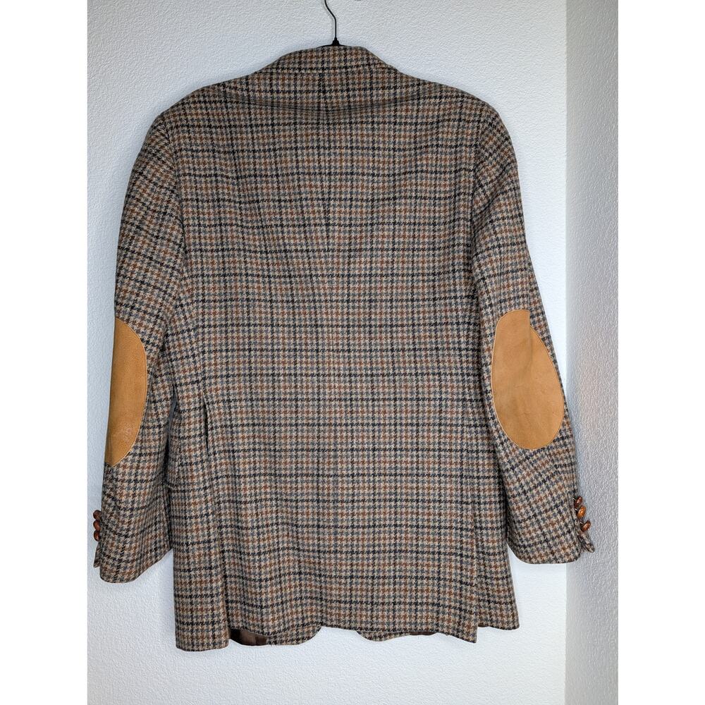 VTG 70s Men 100% Wool Blazer Tweed Houndstooth Leather M/L Preppy Equestrian - Picture 2 of 7